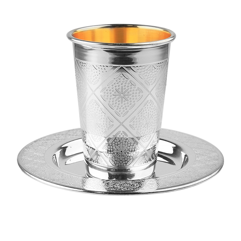 Kiddush Cup Set -  Diamond Design - 925 Sterling Silver Coated - 3.5" ( 5.5 oz 165 ml)