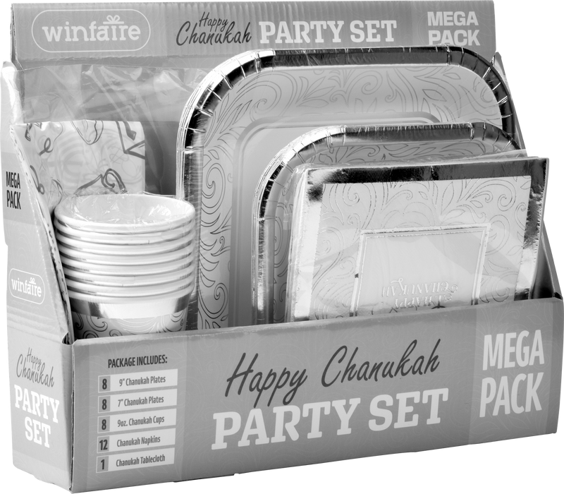 Chanukah Party Set - Paper Goods and Tablecloth - Silver - 8 Settings
