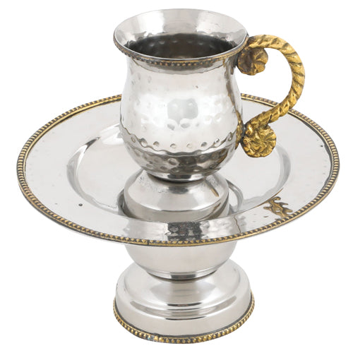 Stainless Steel Mayim Achronim Set - Hammered Design With Gold Handle - 12cm - UK53405