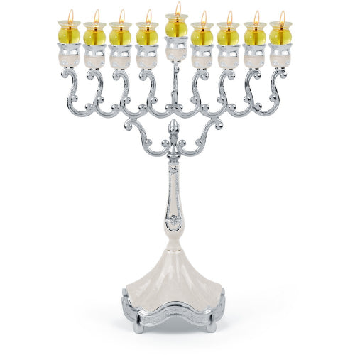 Oil Menorah - White Marbleized - Silver Plated -  11"