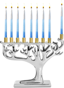 Candle Menorah - Tree of Life - Silvertone with Gold Tips