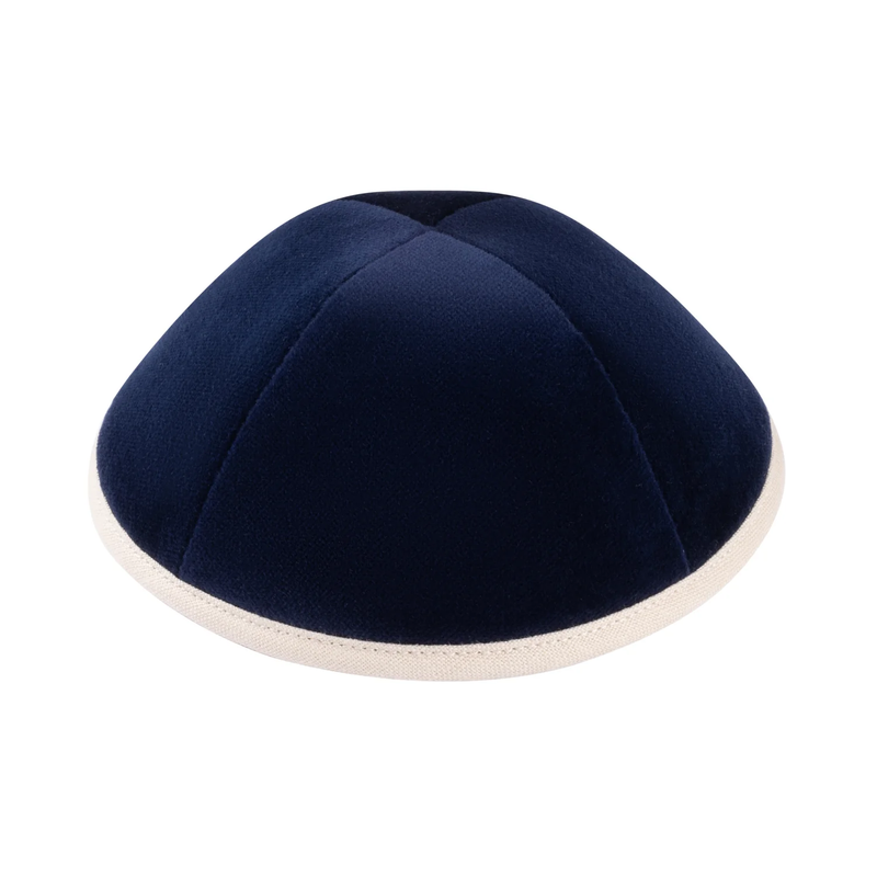 IKIPPAH NAVY VELVET W/ BEIGE LINEN RIM YARMULKE 4