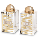 Crystal Salt & Pepper Holders with Laser Cut Plaque - Linear Gold with Silver Words [UK82145]
