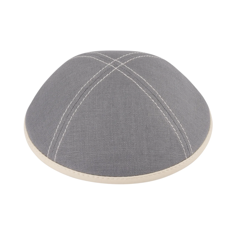 IKIPPAH GRAY LINEN W/ STITCHING & LEATHER RIM YARMULKE 5