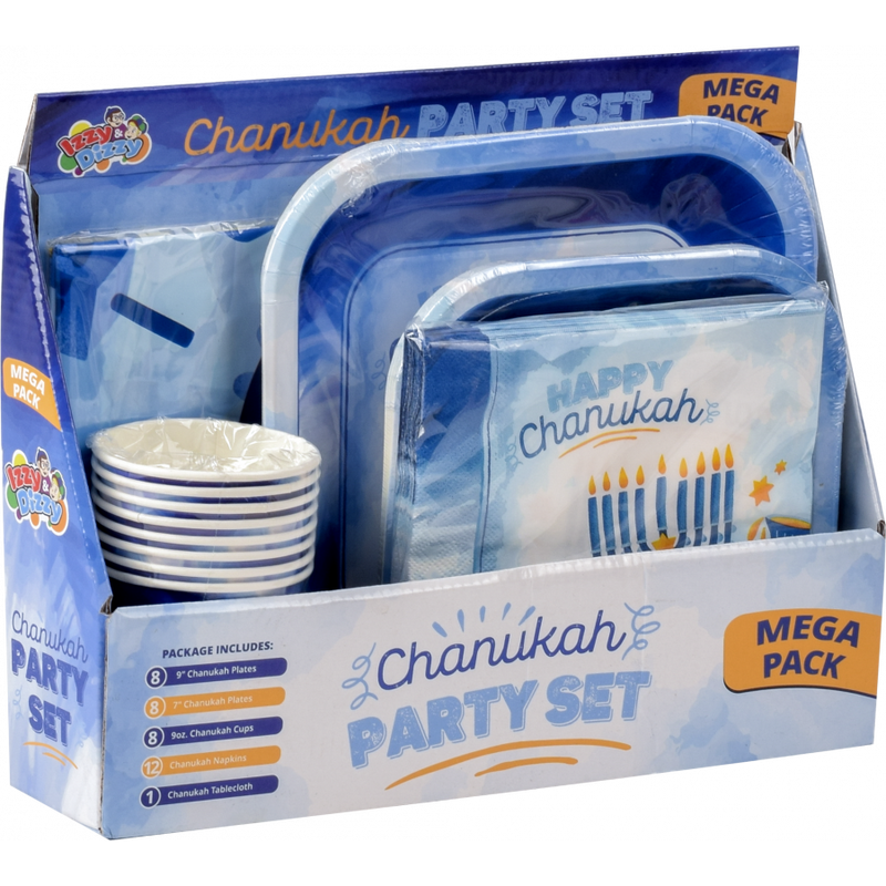 Chanukah Party Set - Paper Goods and Tablecloth - Blue - 8 Settings