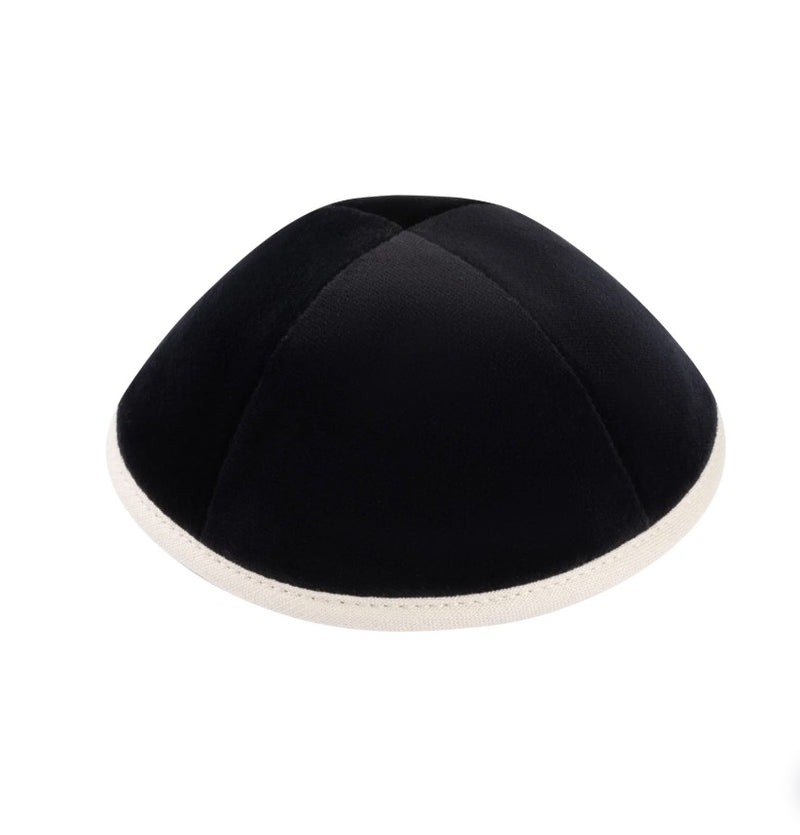 IKIPPAH BLACK VELVET W/ BEIGE LINEN RIM YARMULKE 3