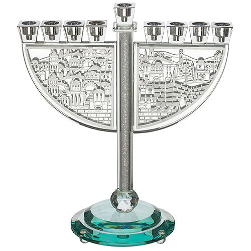 Crystal Menorah - with Metal Plaque and Stones - 29 x 34 cm