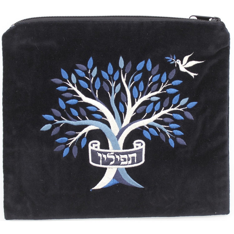 Tefillin Bag - Tree Design - Velvet - Navy