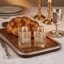 Crystal Salt & Pepper Holders with Laser Cut Plaque - Linear Gold with Silver Words [UK82145]