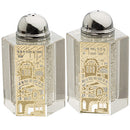Crystal Salt & Pepper Set - Hexagonal - with Crushed Glass & Gold Plaque - Shabbat Kodesh & Jerusalem Motif 8x5 CM