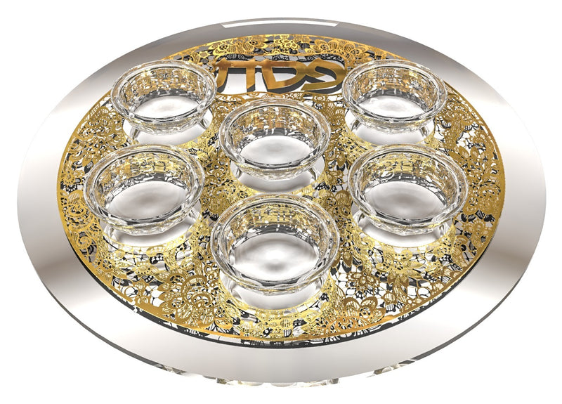 Mirror and Glass Seder Plate with Gold Floral Plate