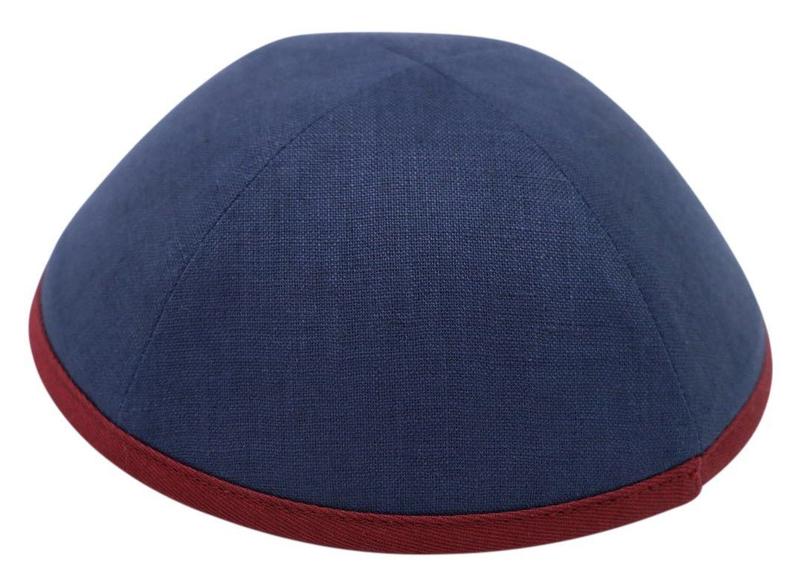 IKIPPAH NAVY LINEN WITH MAROON RIM YARMULKE