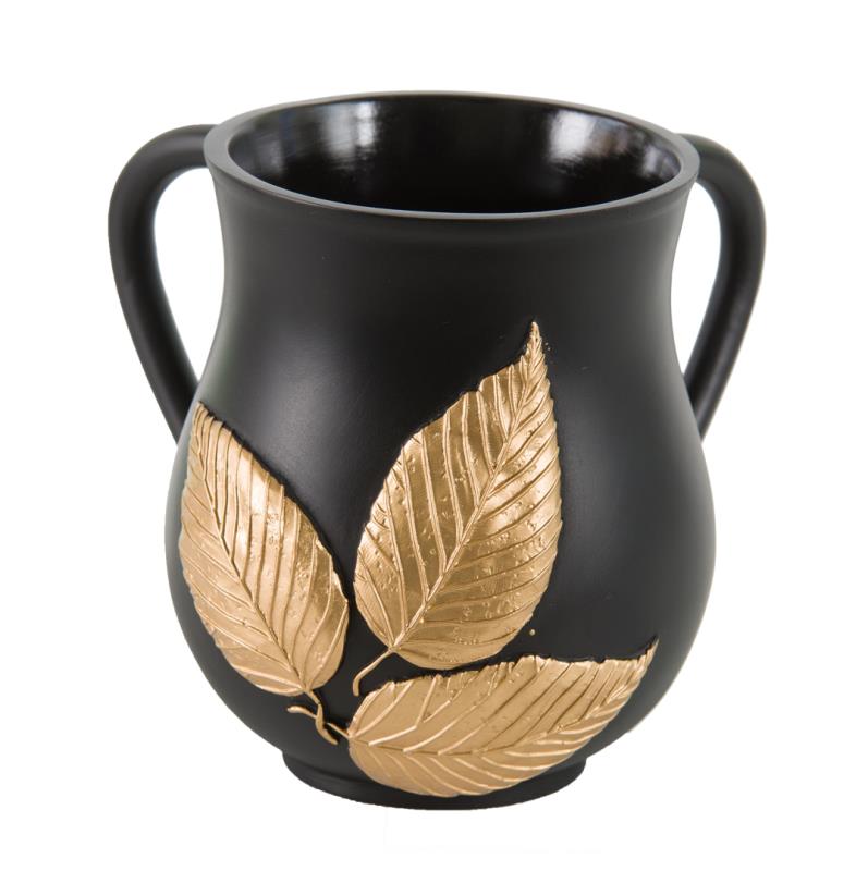 Polyresin Washing Cup - Black, 3 Gold Leaves 14 cm