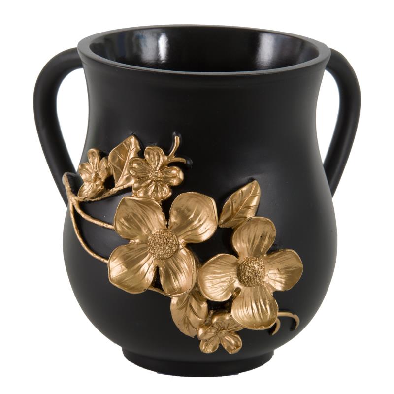Polyresin Washing Cup - Black, Gold Flower Vine - 14 cm