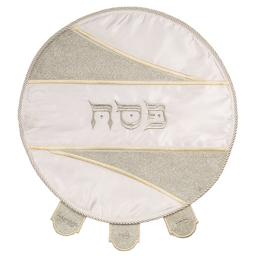 Elegant White Satin Matzah Cover Laid with Stones, Special Design - "Cuts" Silver Glitter - 46cm