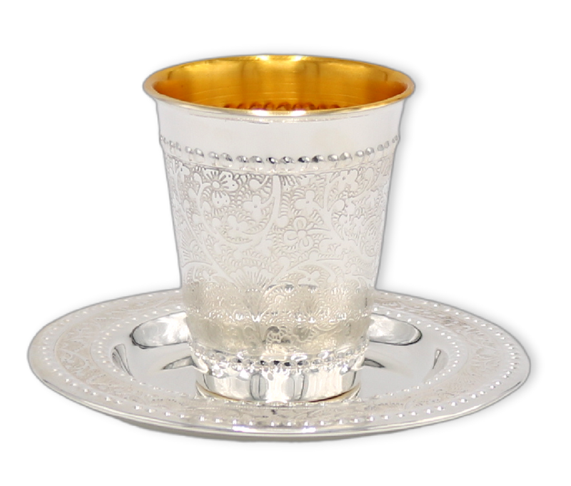 Stainless Steel Kiddush Cup W/ Tray Floral Dotted