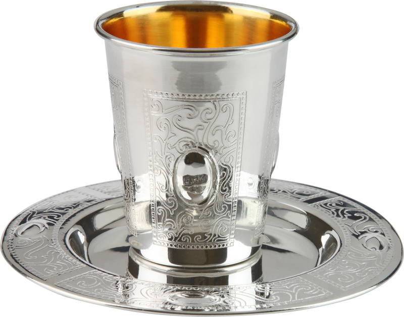 Kiddush Cup Set -  Eye Frame Design - 925 Sterling Silver Coated - 3" ( 140 ml 4.7 oz)