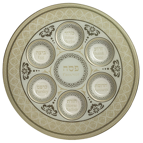Glass Pesach Seder Plate - Ke'arah - 35 CM - OFF WHITE