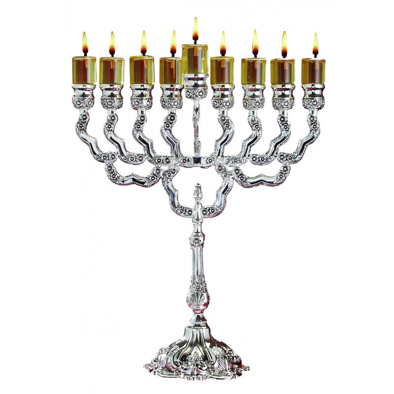 Oil Menorah - Classic Style - Silver Plated -  12"