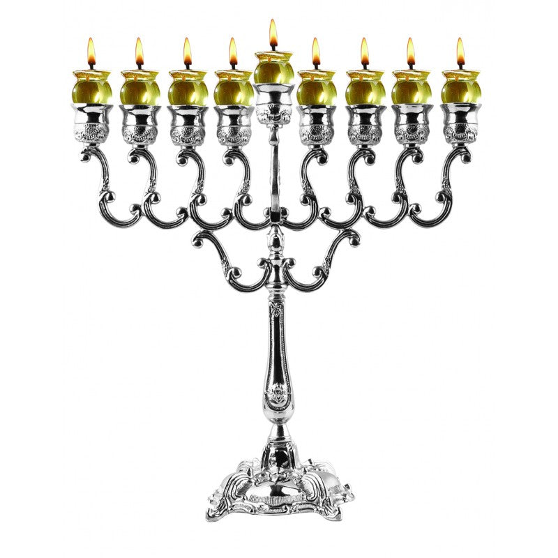 Oil Menorah - Classic Style - Silver Plated - 14"