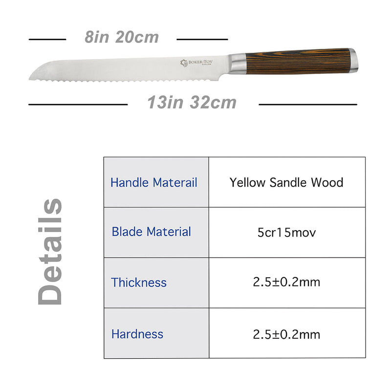 Serrated Blade Eight Inch Bread Knife with Pakkawood Handle