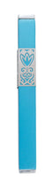 Metal Mezuzah Case w/ Flower Shin Cutout Design - Turquoise