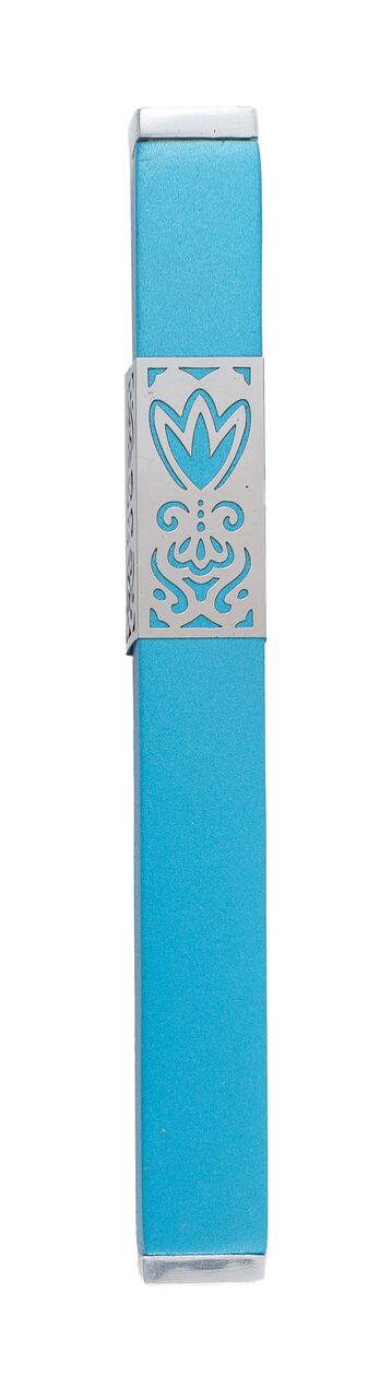 Metal Mezuzah Case w/ Flower Shin Cutout Design - Turquoise